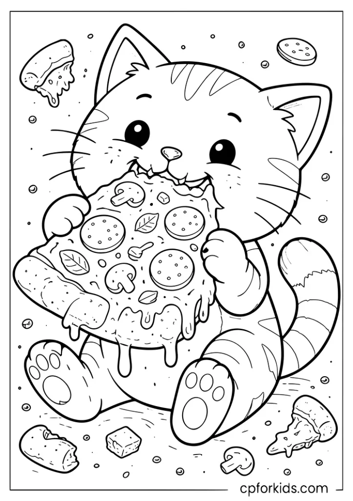 Cute cartoon cat happily eating a large pizza slice coloring page for kids