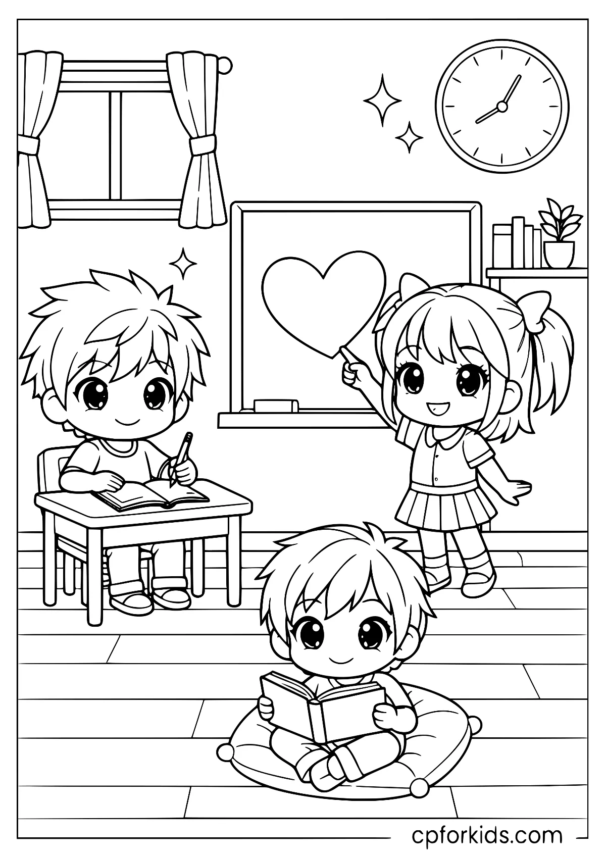 Three chibi children reading and writing in a classroom