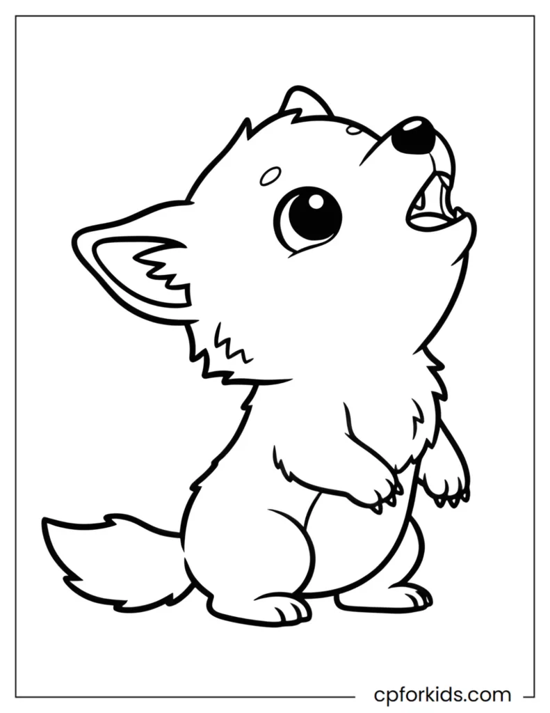 Cute chibi style baby werewolf howling, simple cartoon coloring page for toddlers.