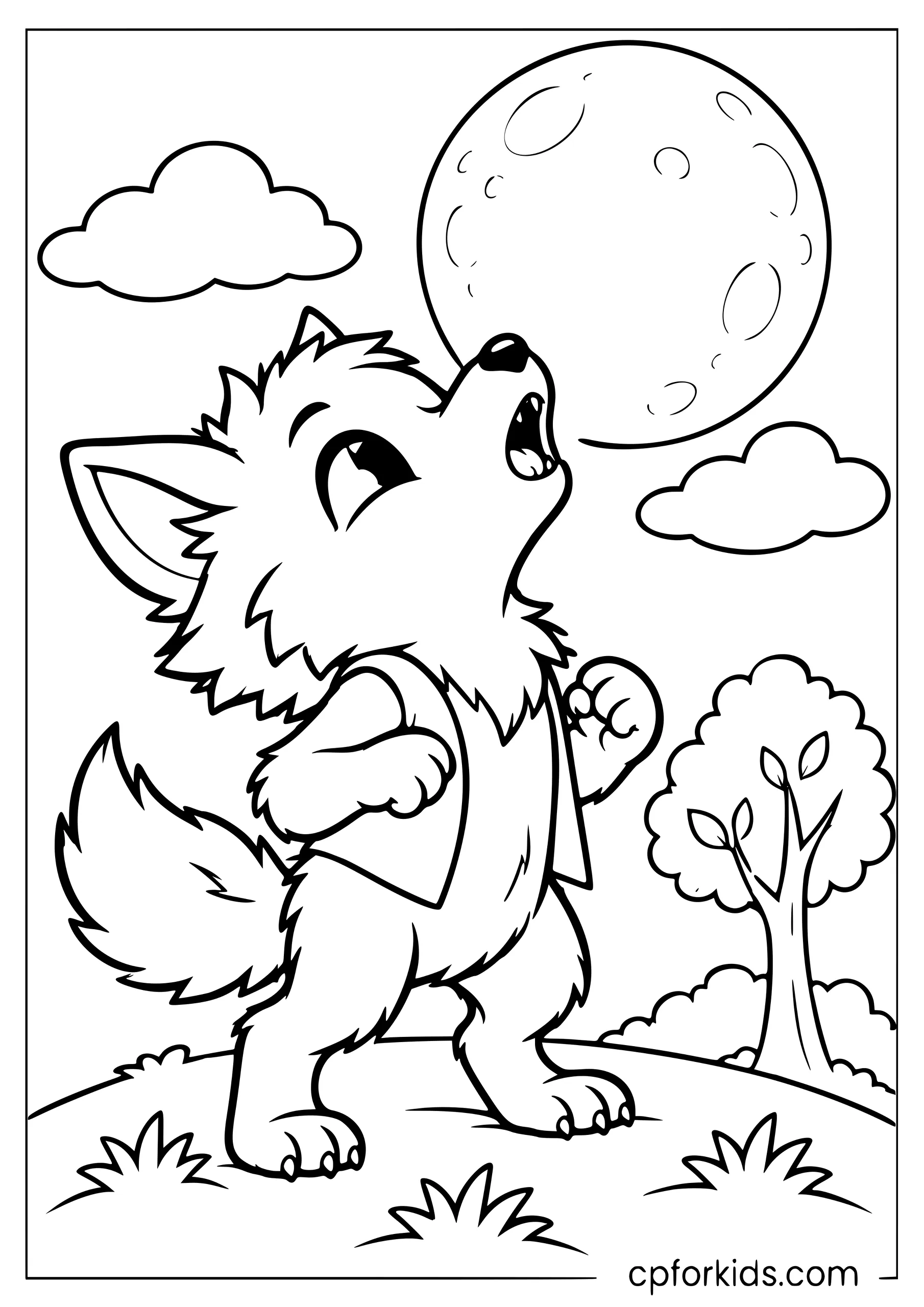 Baby werewolf howling on a hill beneath the moon