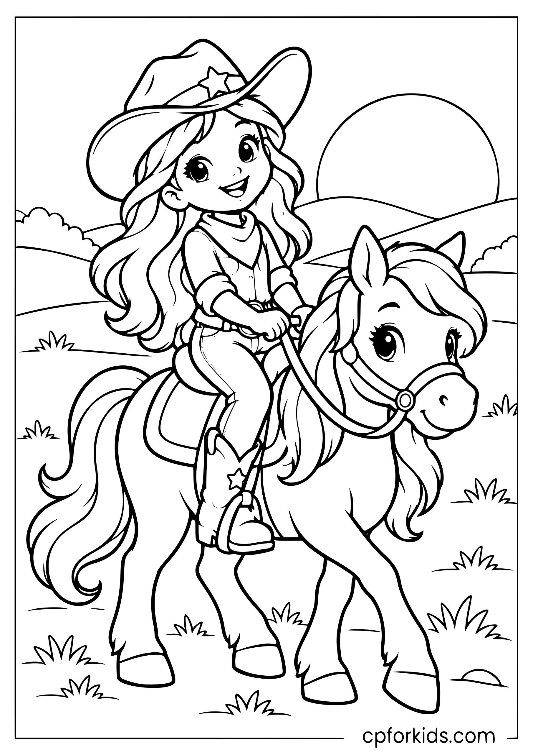 Cute cowgirl riding a pony under the sunset