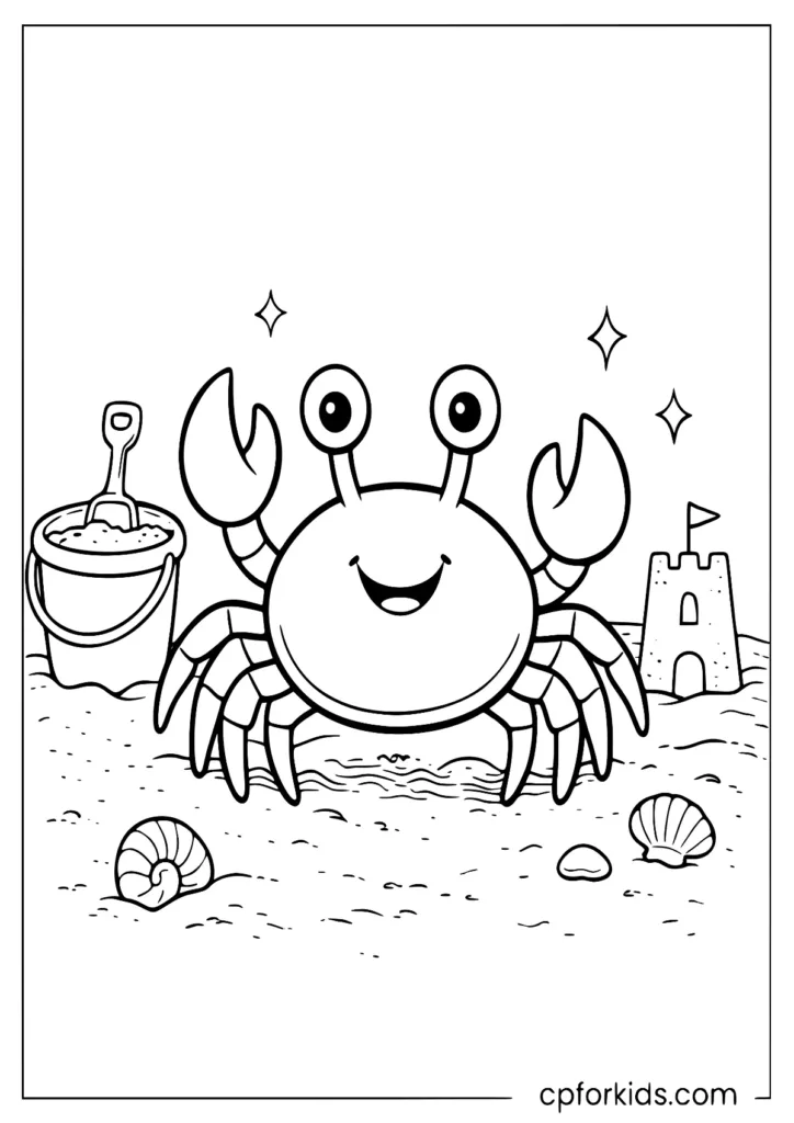 Cute crab with bucket and shovel coloring page