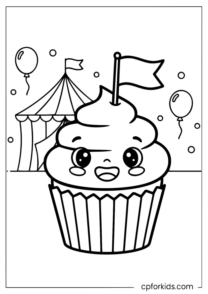 Smiling cupcake coloring page holding a flag at carnival scene