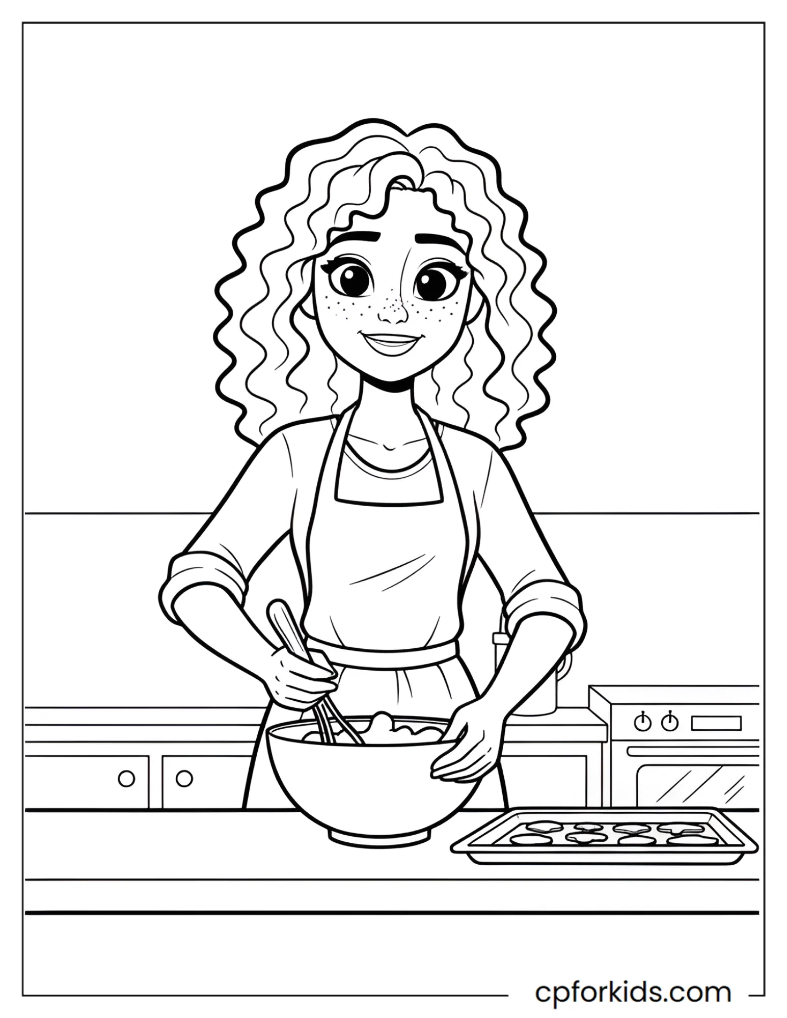 Curly hair girl baking cookies in a sunny kitchen