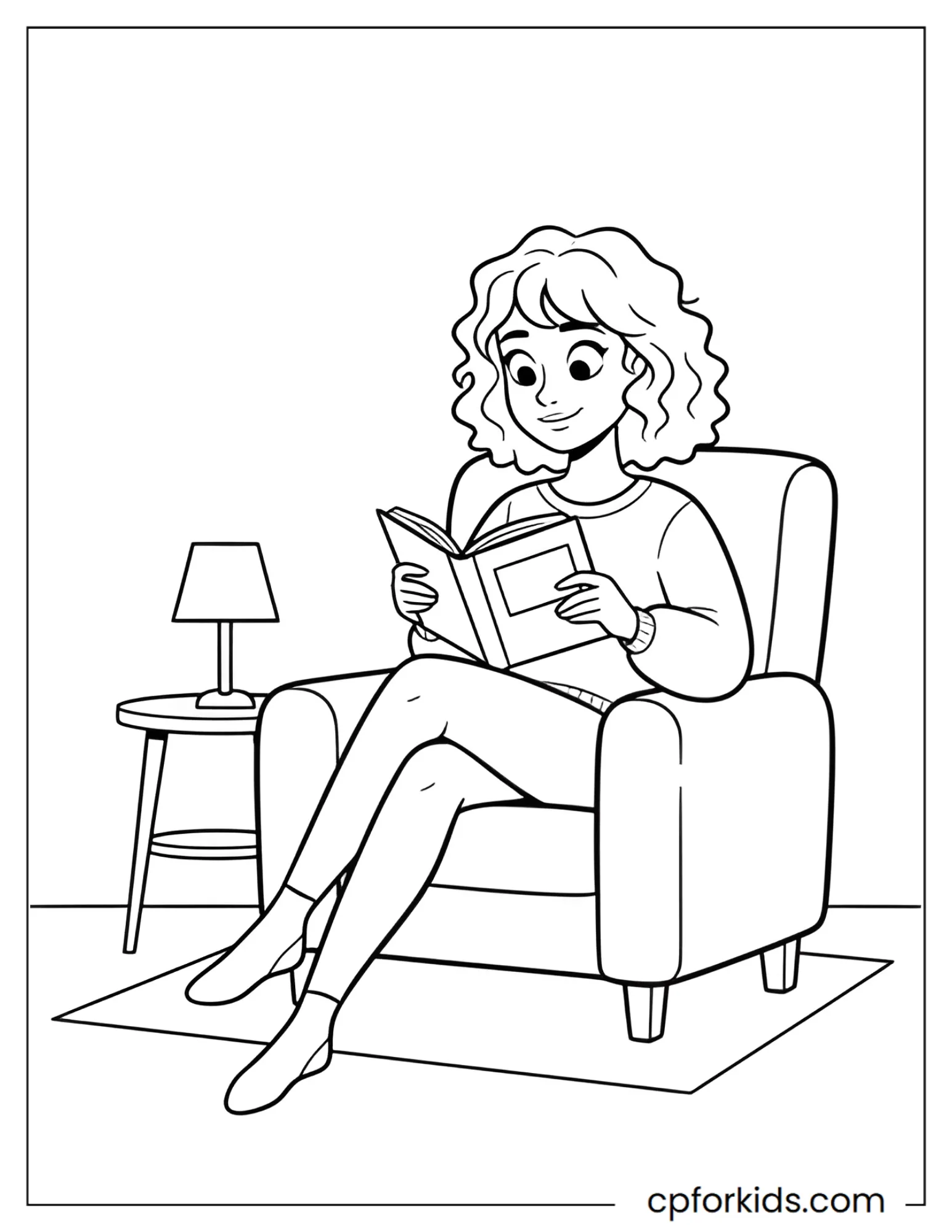 Curly hair princess reading a book in a cozy living room