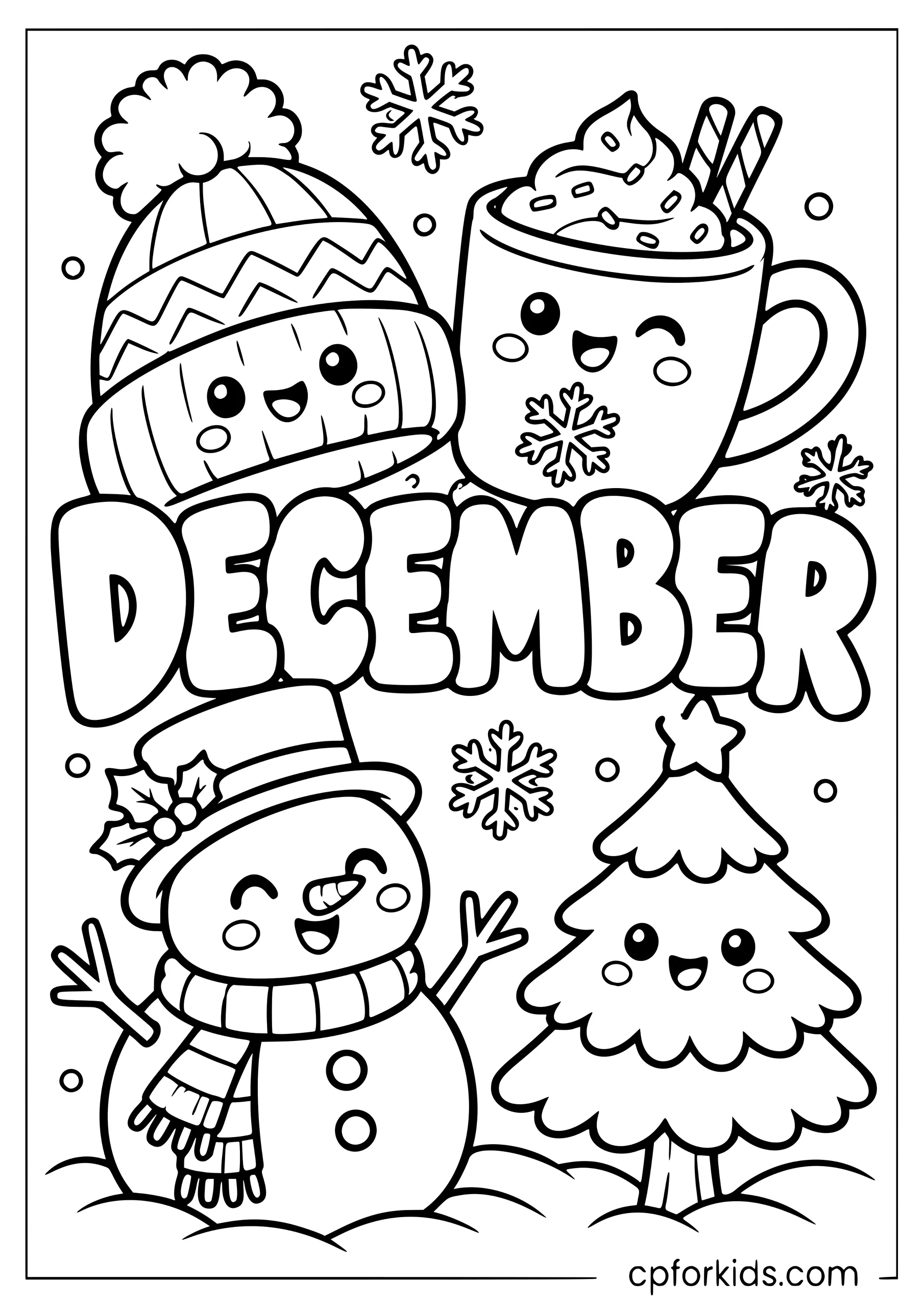 December word art with winter hat cocoa and snowman