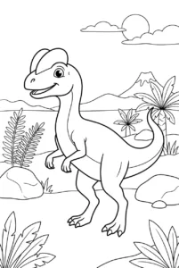 Cute Dilophosaurus with two crests in Jurassic scenery