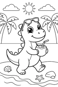 Cute dinosaur walking on a tropical beach with a drink