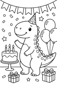 Cute dinosaur celebrating a birthday with cake and balloons