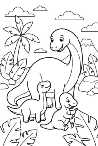 Cute dinosaur family together in a prehistoric jungle