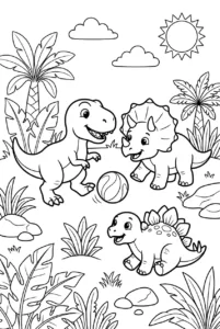 Cute dinosaur friends playing together in a prehistoric meadow