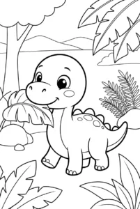 Cute dinosaur exploring a simple prehistoric jungle