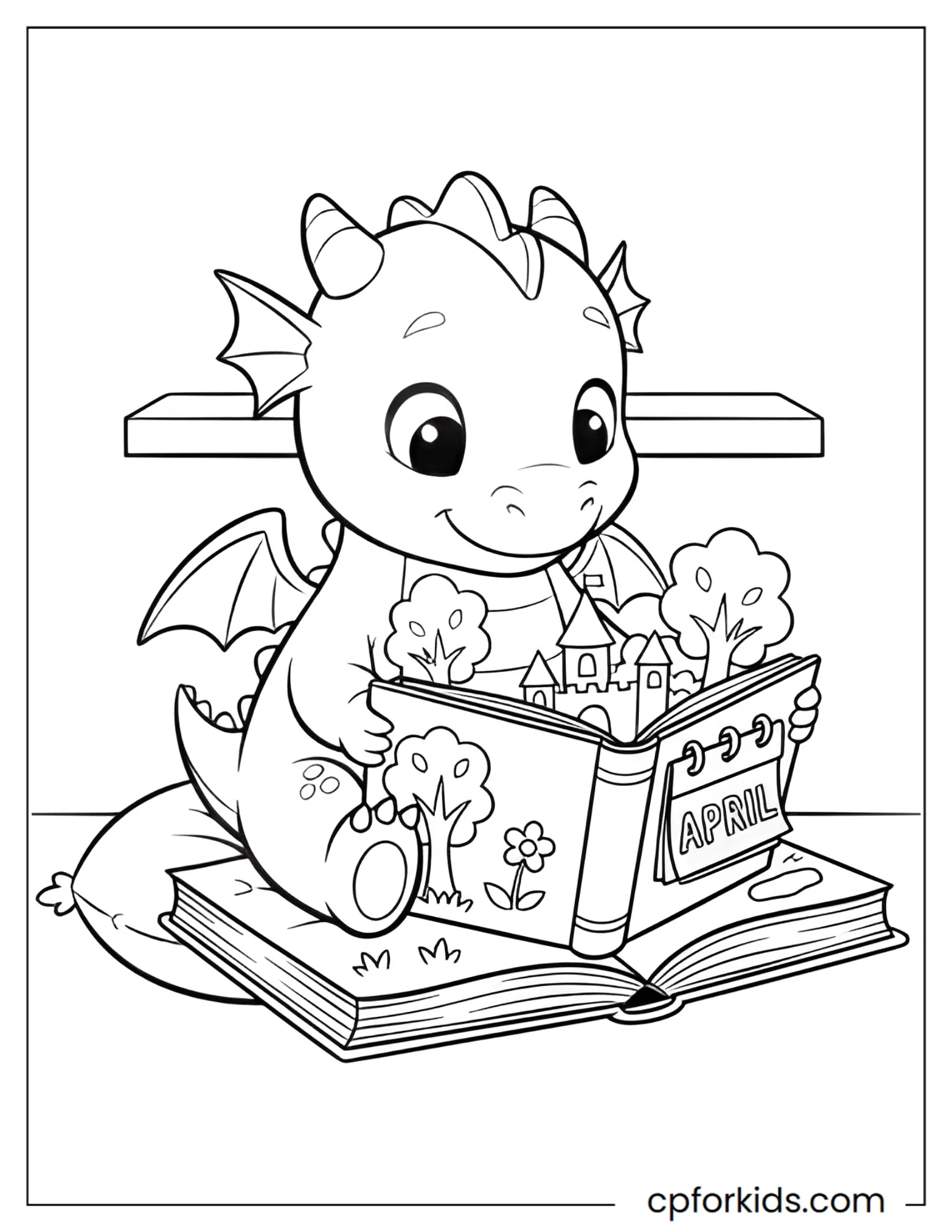 Dragon curled up reading a magical pop-up book