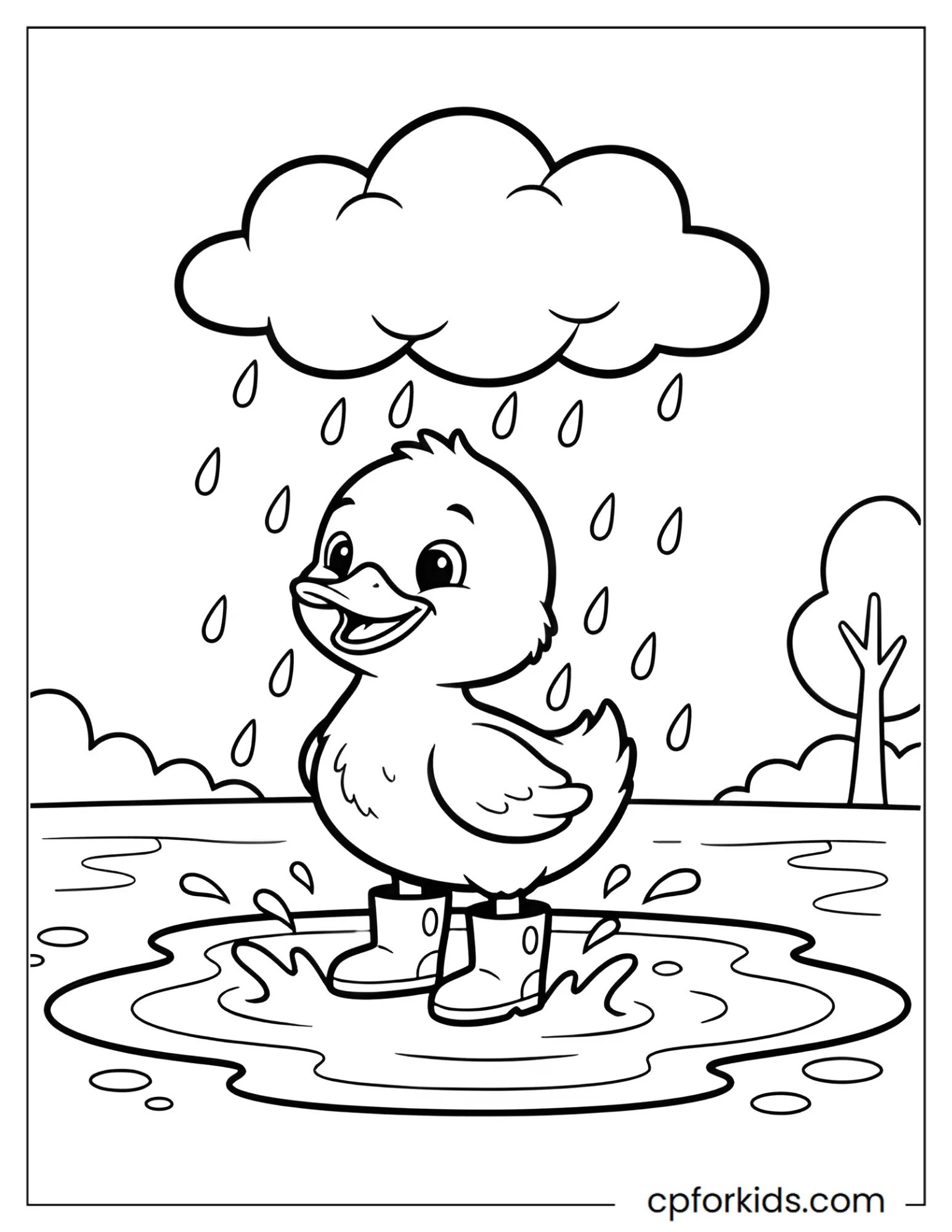 Tiny duckling wearing rain boots splashes through an April puddle