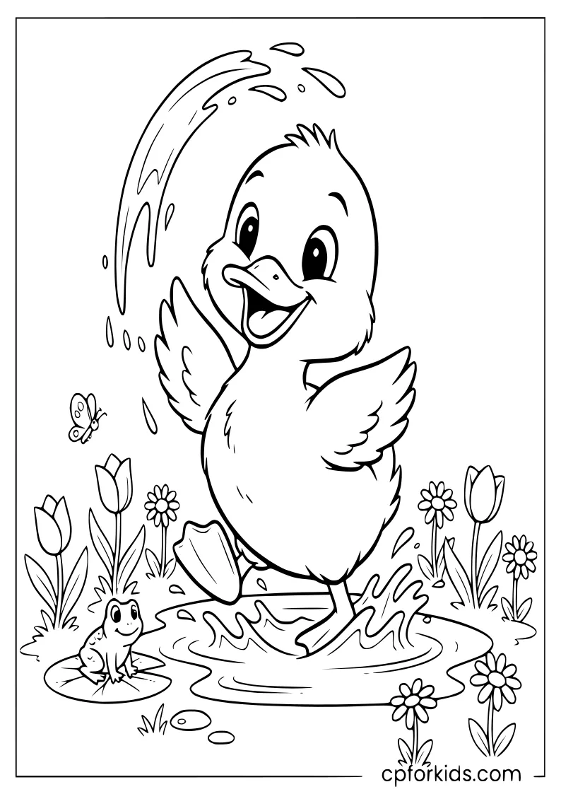 Cute duckling splashing near May flowers