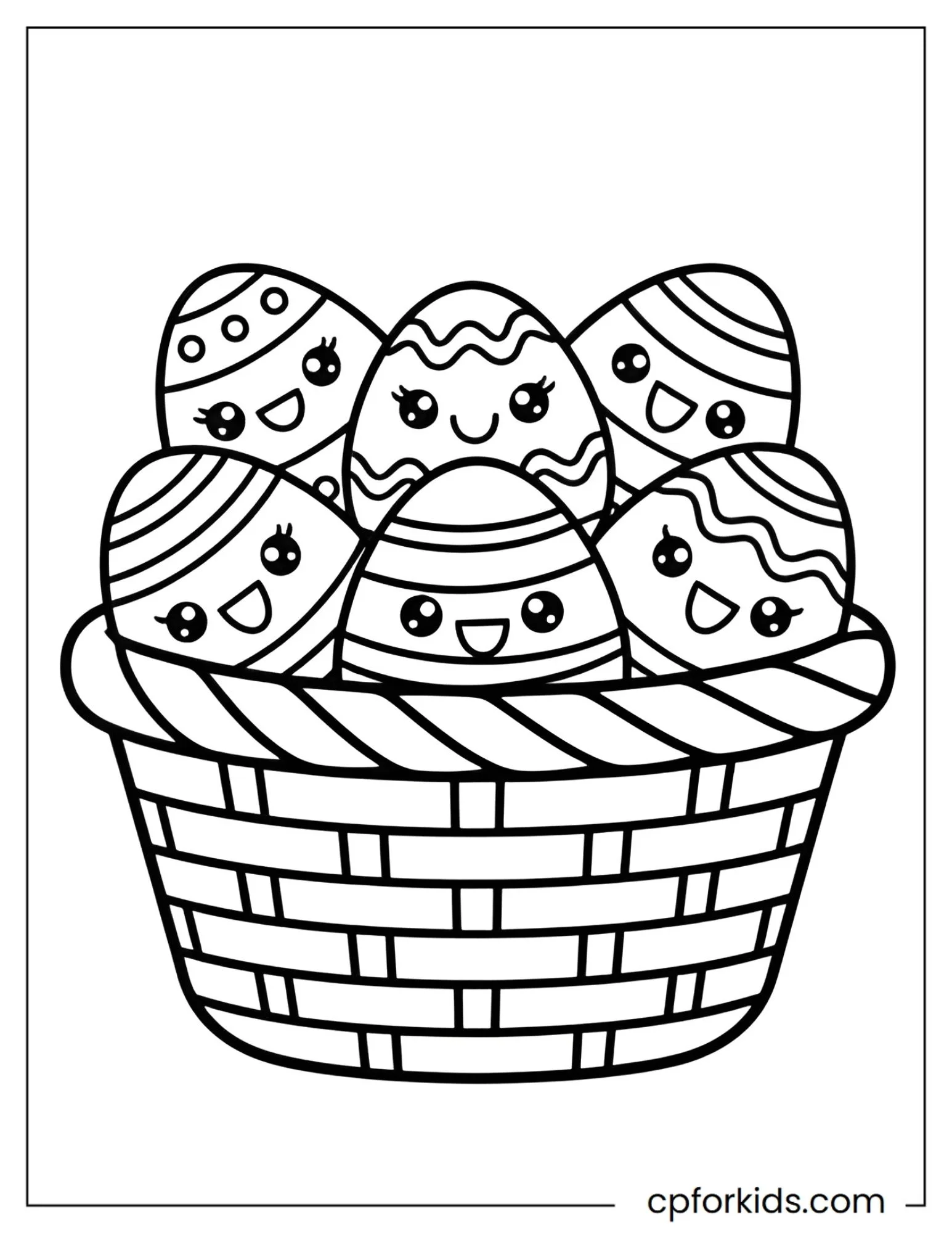 Easter basket holding several smiling decorated eggs