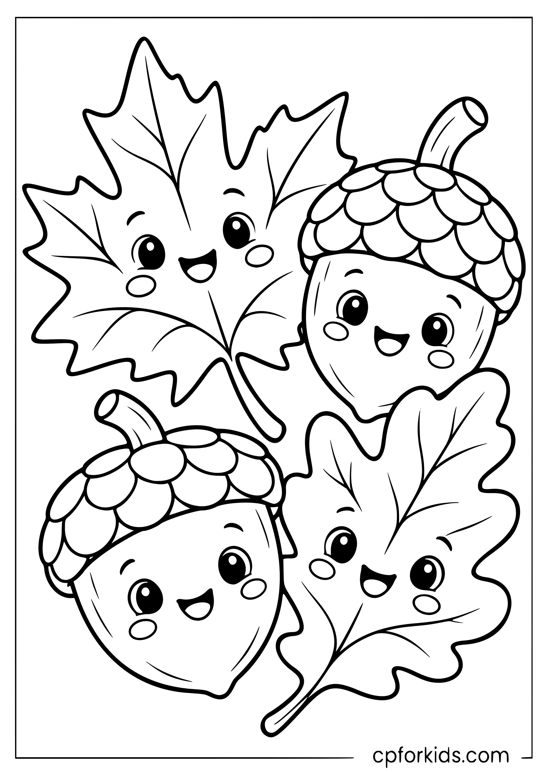 Smiling autumn leaves and acorns grouped together