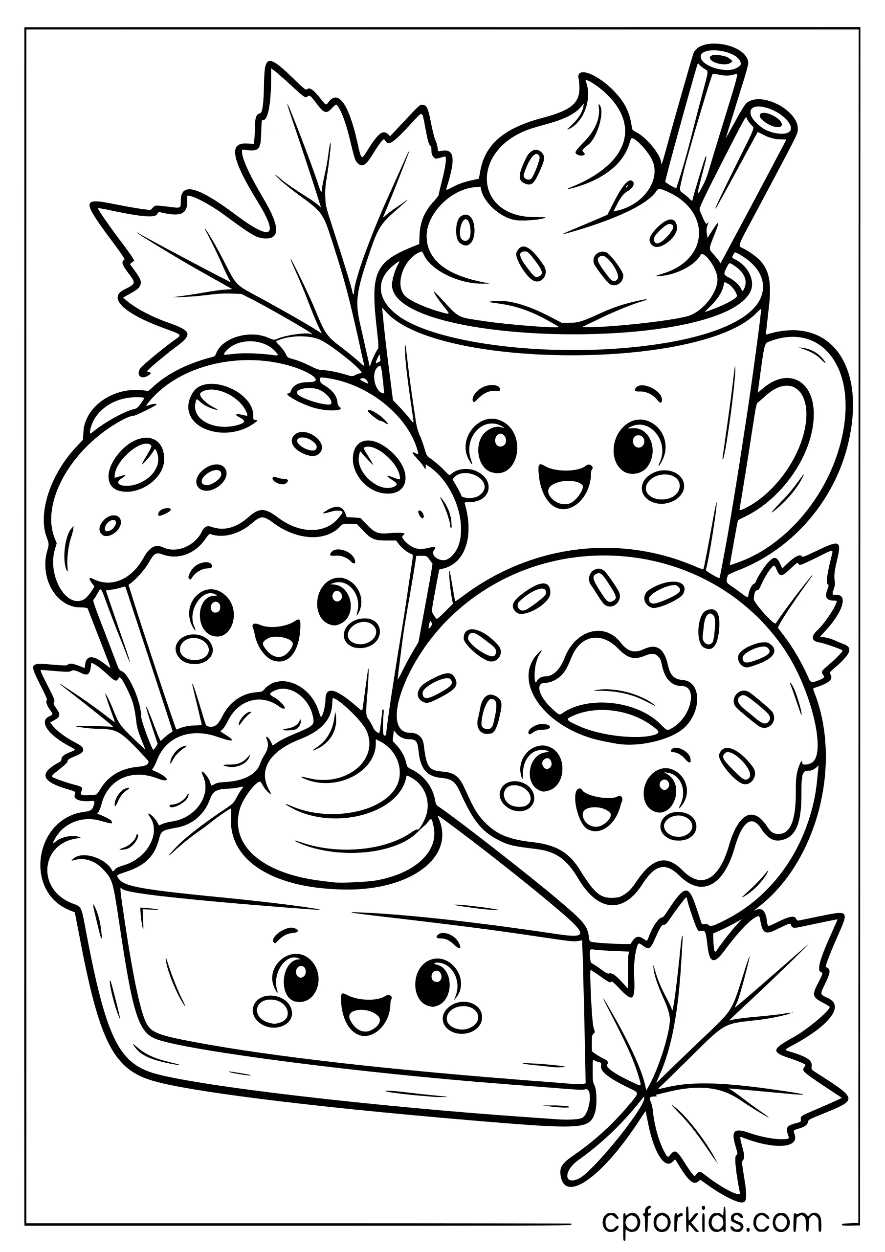 Smiling pie, muffin, donut, and drink cup
