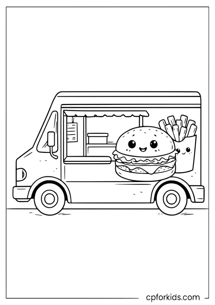 Cute fast food truck coloring page with burger and fries for kids