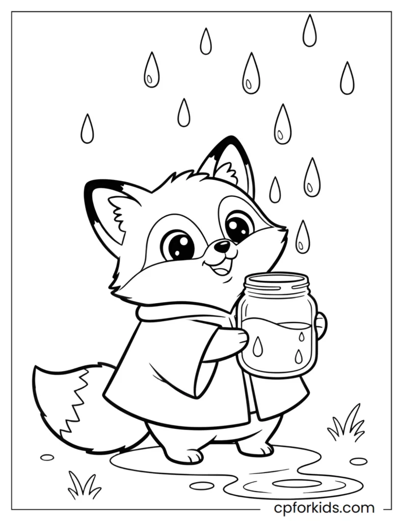 Cute fox in a poncho collecting raindrops in a glass jar coloring page