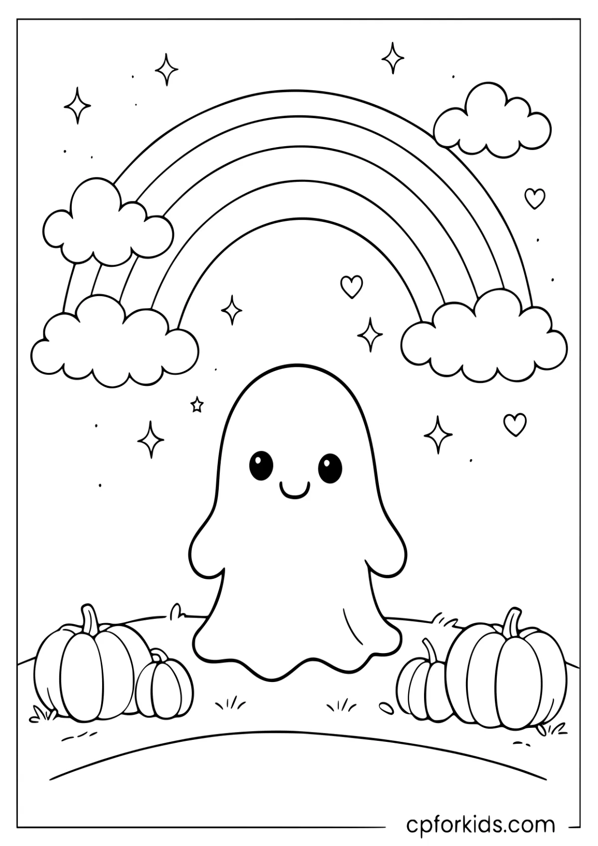 Friendly ghost floating in front of a rainbow