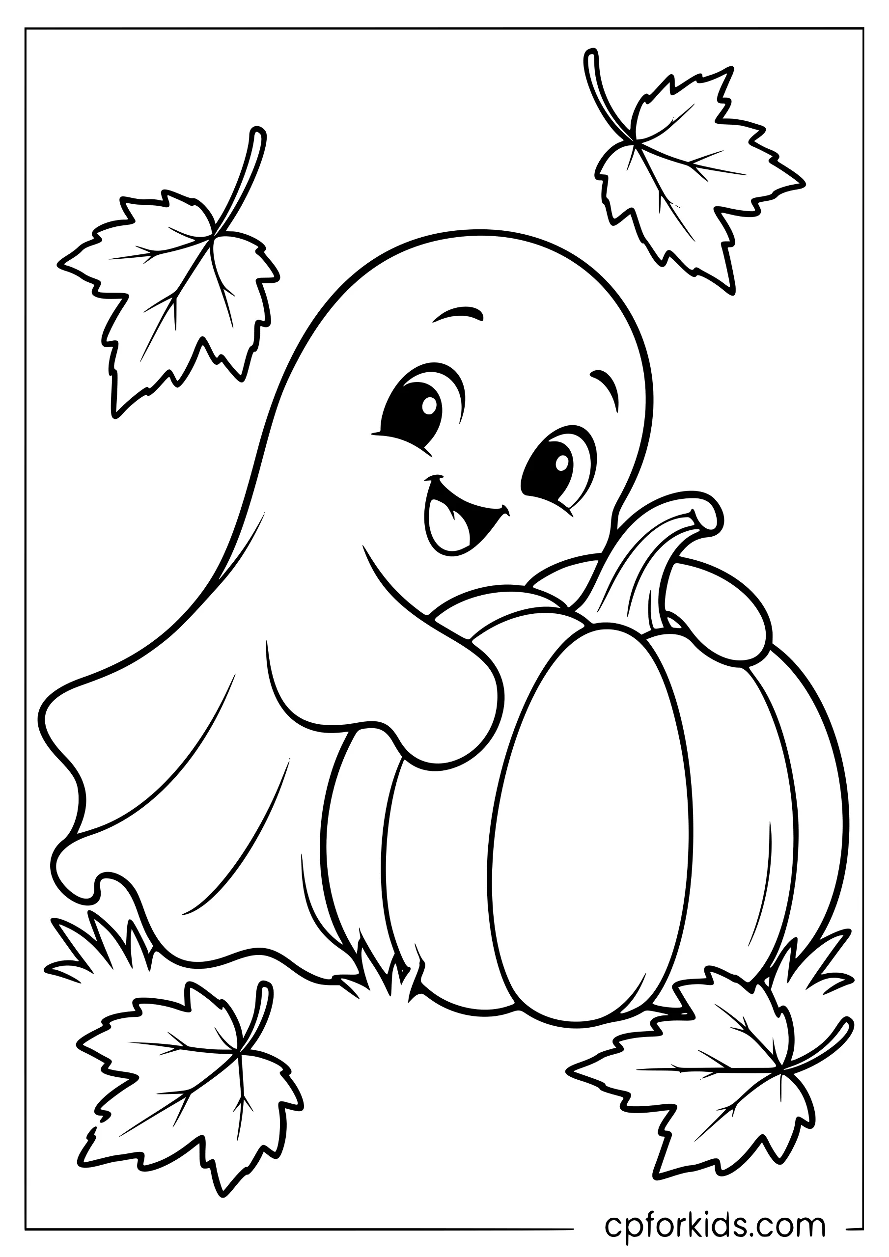 Friendly ghost hugging a pumpkin among autumn leaves