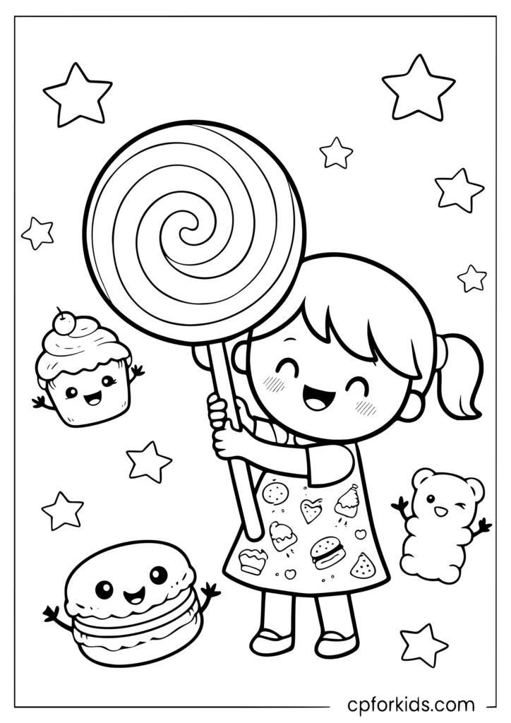 Cute cartoon girl holding an oversized lollipop surrounded by sweet food coloring page for girls
