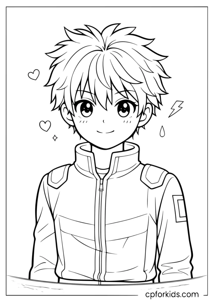 Cute hero boy with messy hair and big eyes coloring page