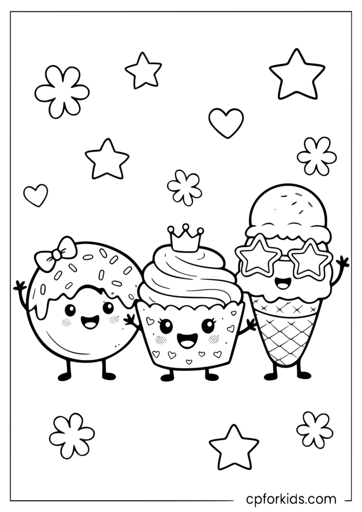 Cute junk food trio with donut cupcake and ice cream standing together coloring page