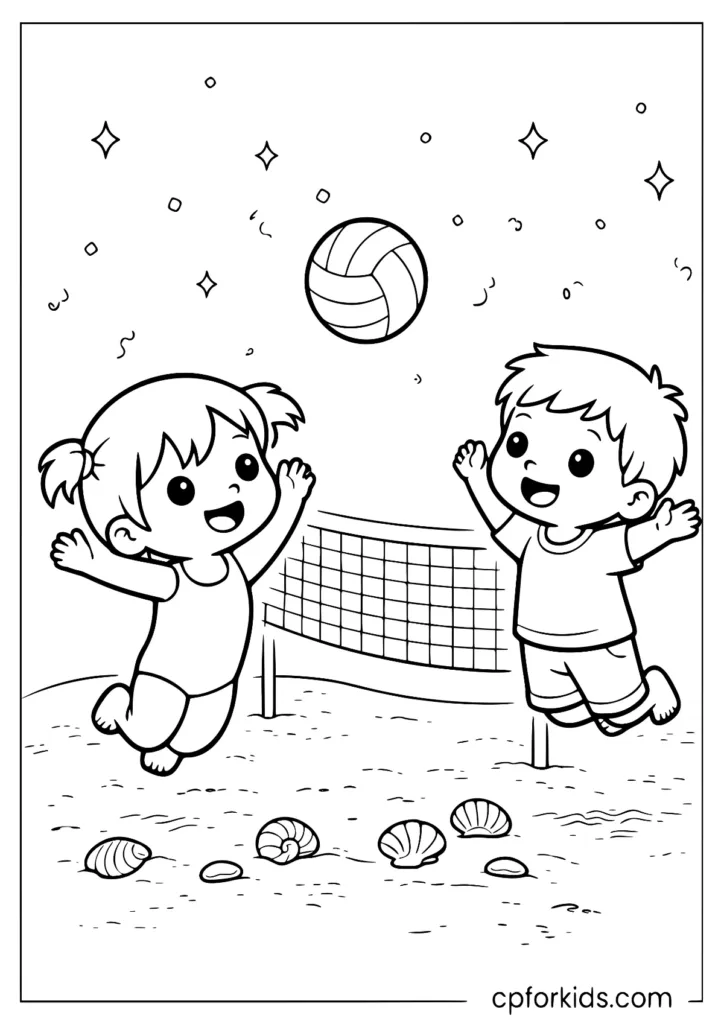 Cute kids playing beach volleyball coloring page