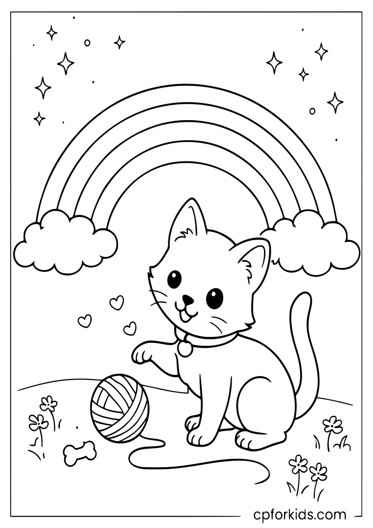 Kitten playing with yarn under a rainbow
