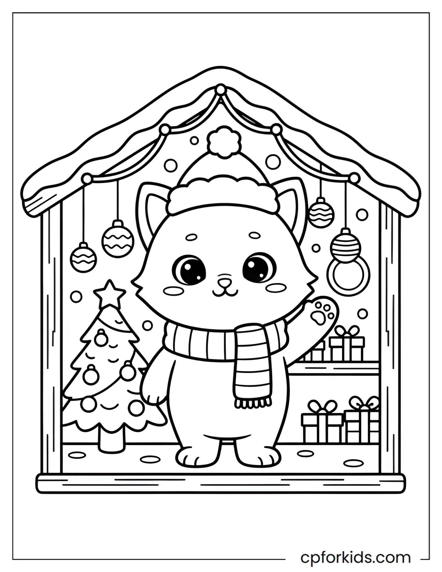 Kitty hosting a party in a winter playhouse