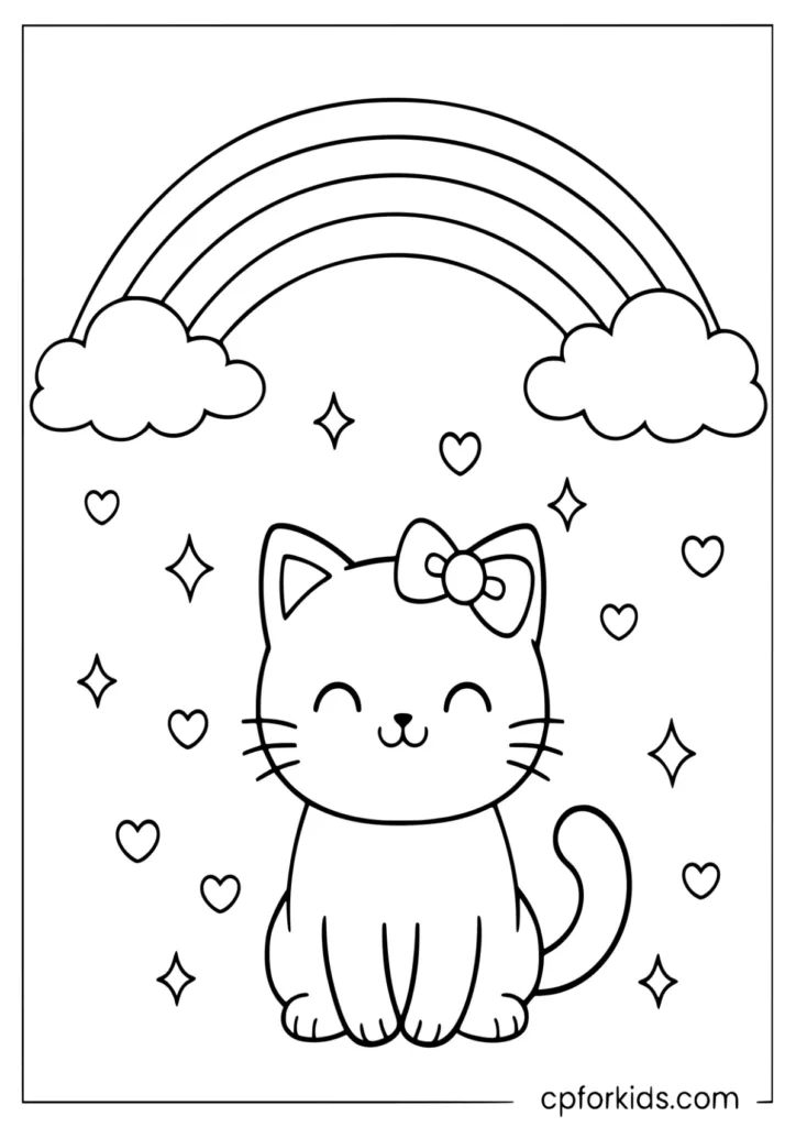 Cute kitty with bow under rainbow coloring page