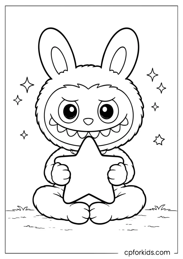 Cute Labubu sitting cross-legged and holding a star coloring page for preschoolers