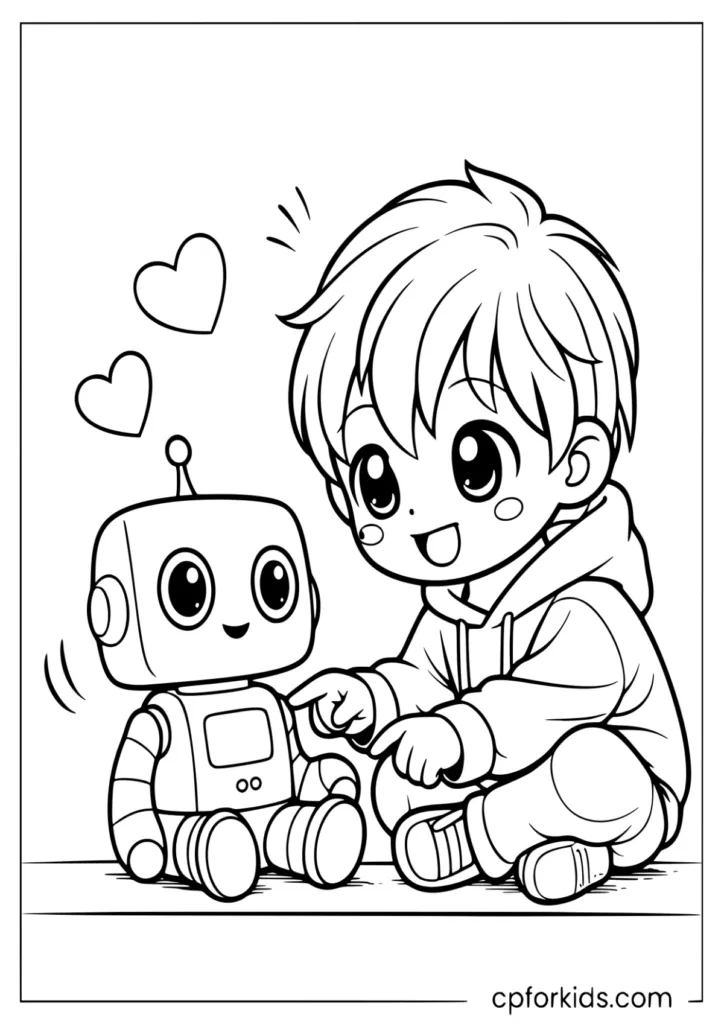 Cute little boy with a toy robot coloring sheet