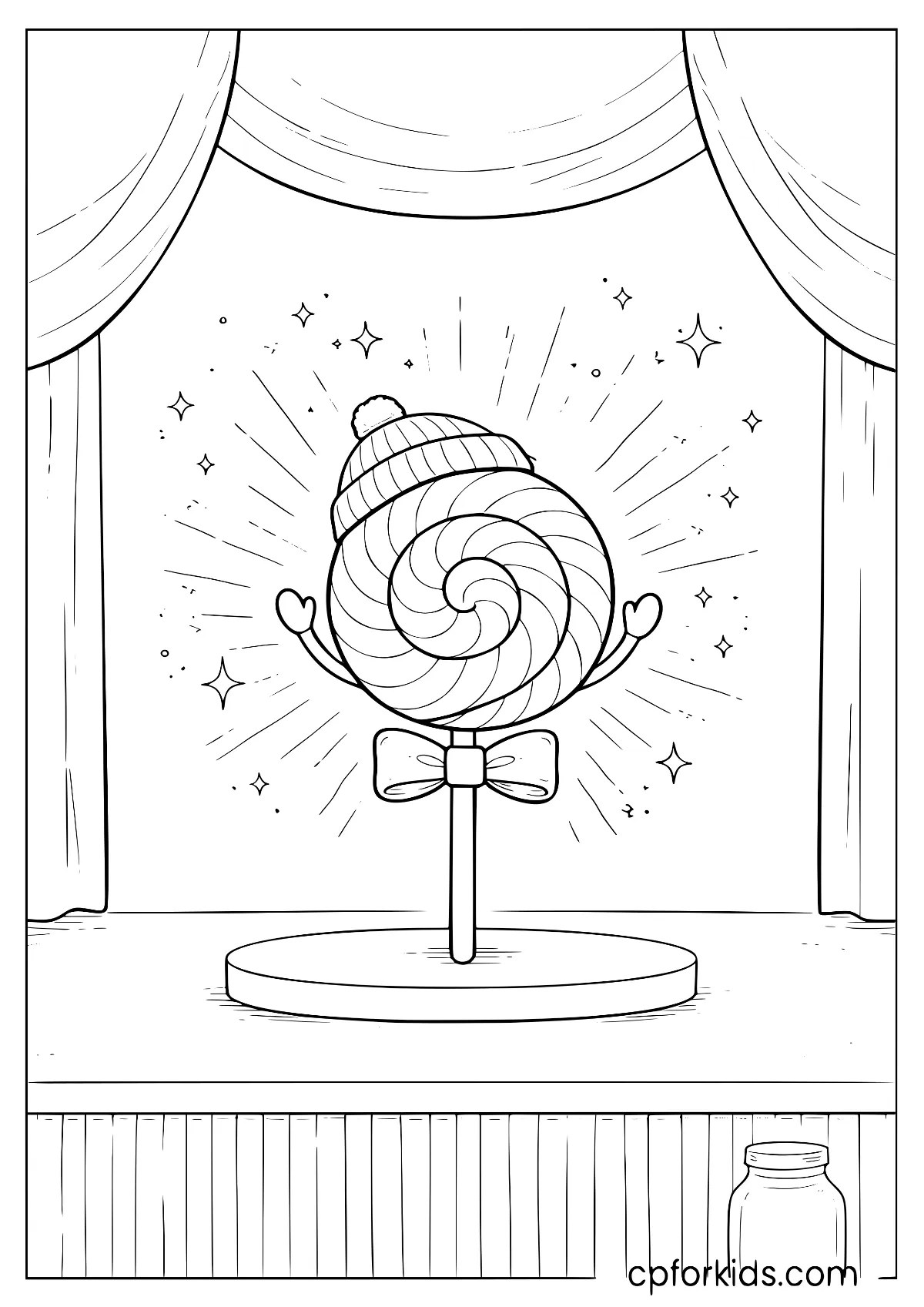 Smiling lollipop character wearing a tiny hat