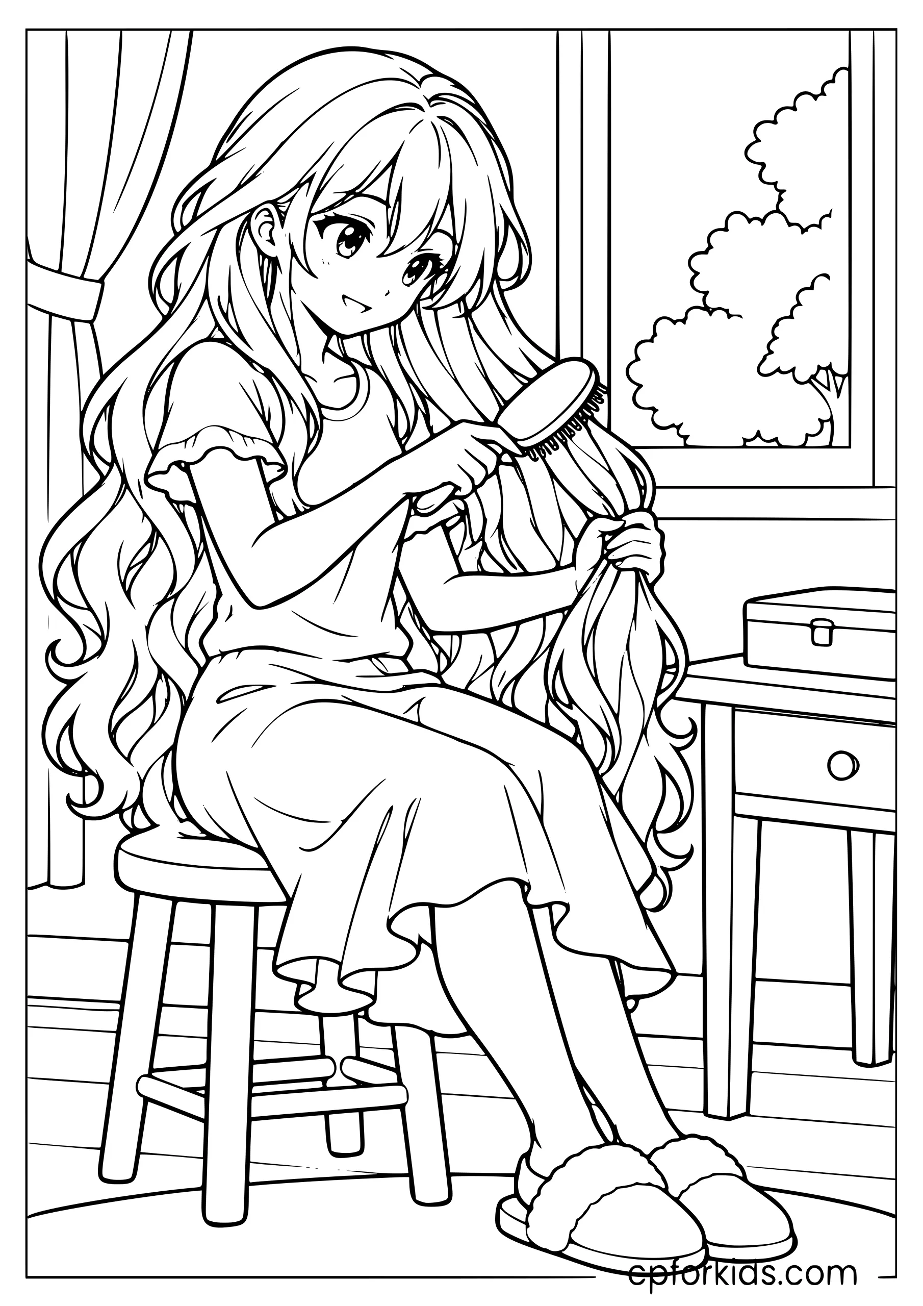 Side-view anime girl brushing long wavy hair over her shoulder