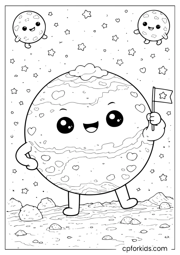 Cute Mars coloring page with adorable red planet character holding a flag in space