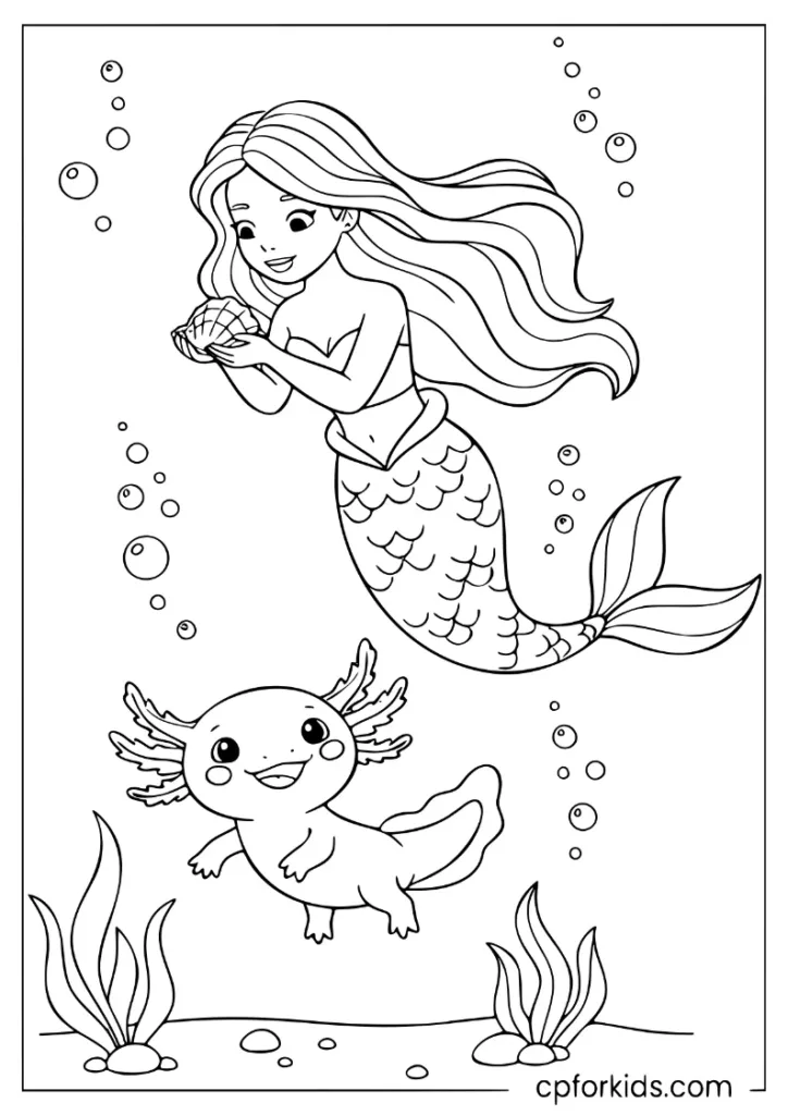 Cute Mermaid and axolotl playing together underwater coloring page