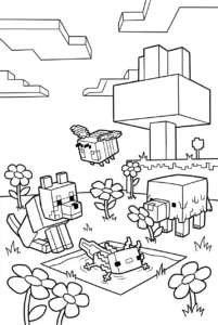 Cute Minecraft baby mobs playing together in a meadow