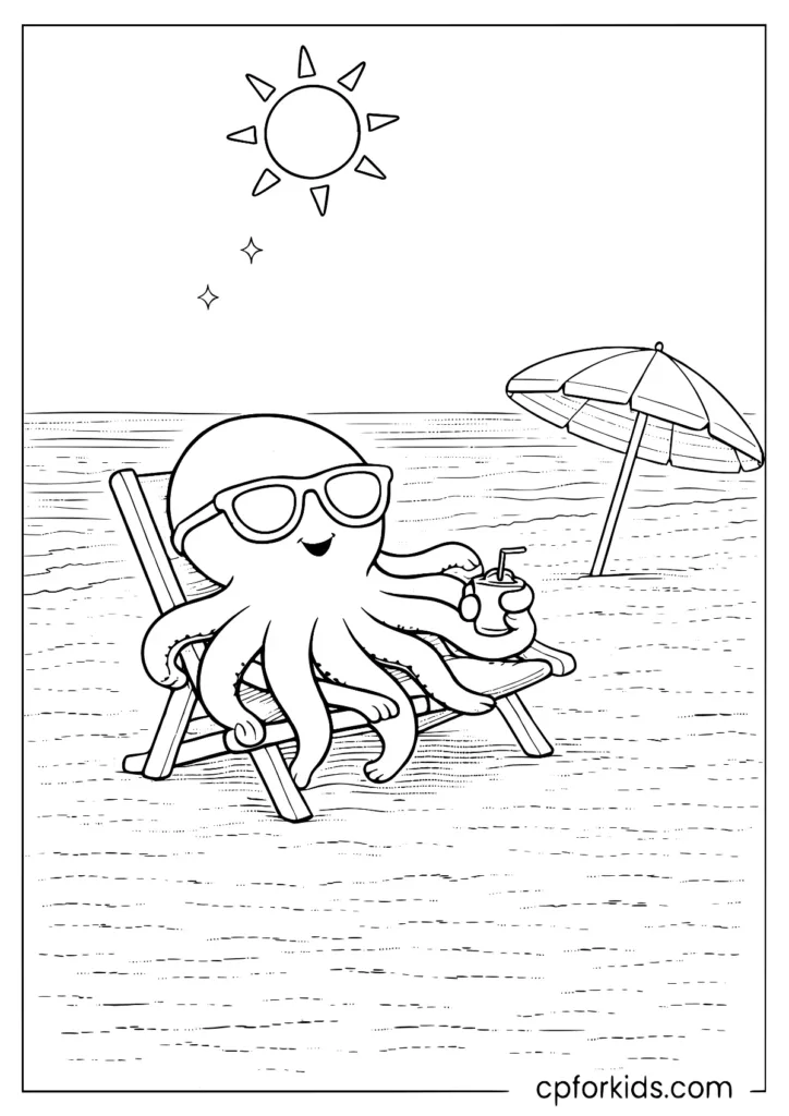 Cute octopus on beach chair coloring page