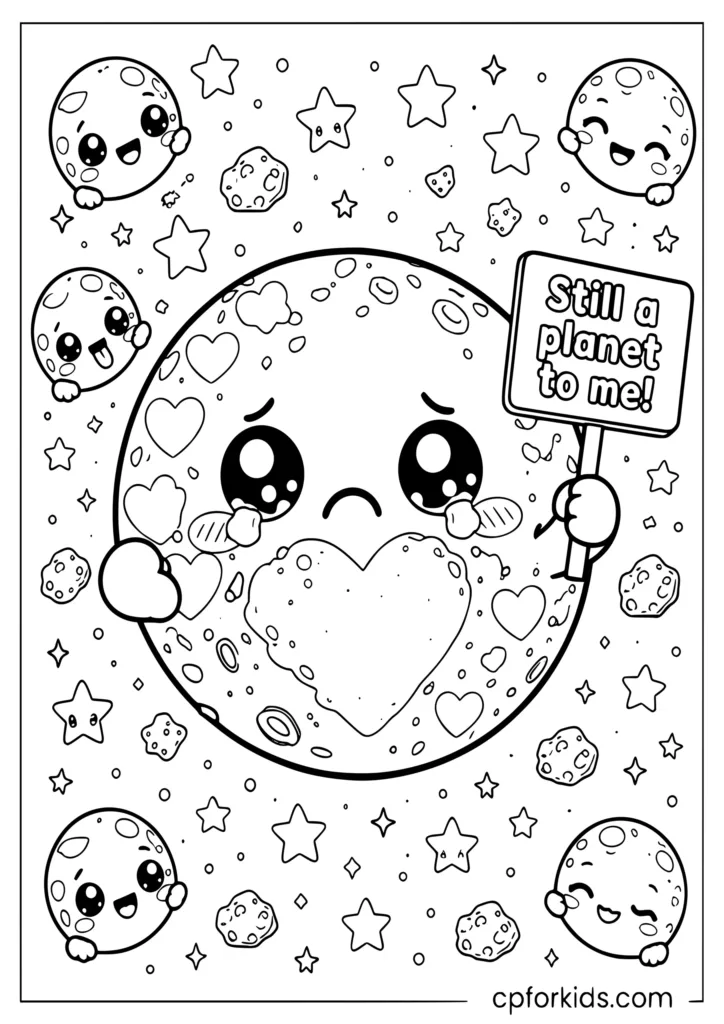 Cute Pluto coloring page with adorable dwarf planet character looking sad about being reclassified