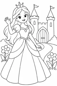 A cute princess waving outside a fairy-tale castle