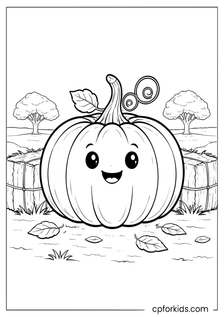 Cute pumpkin with hay bales and trees in the background vegetable coloring page for kids