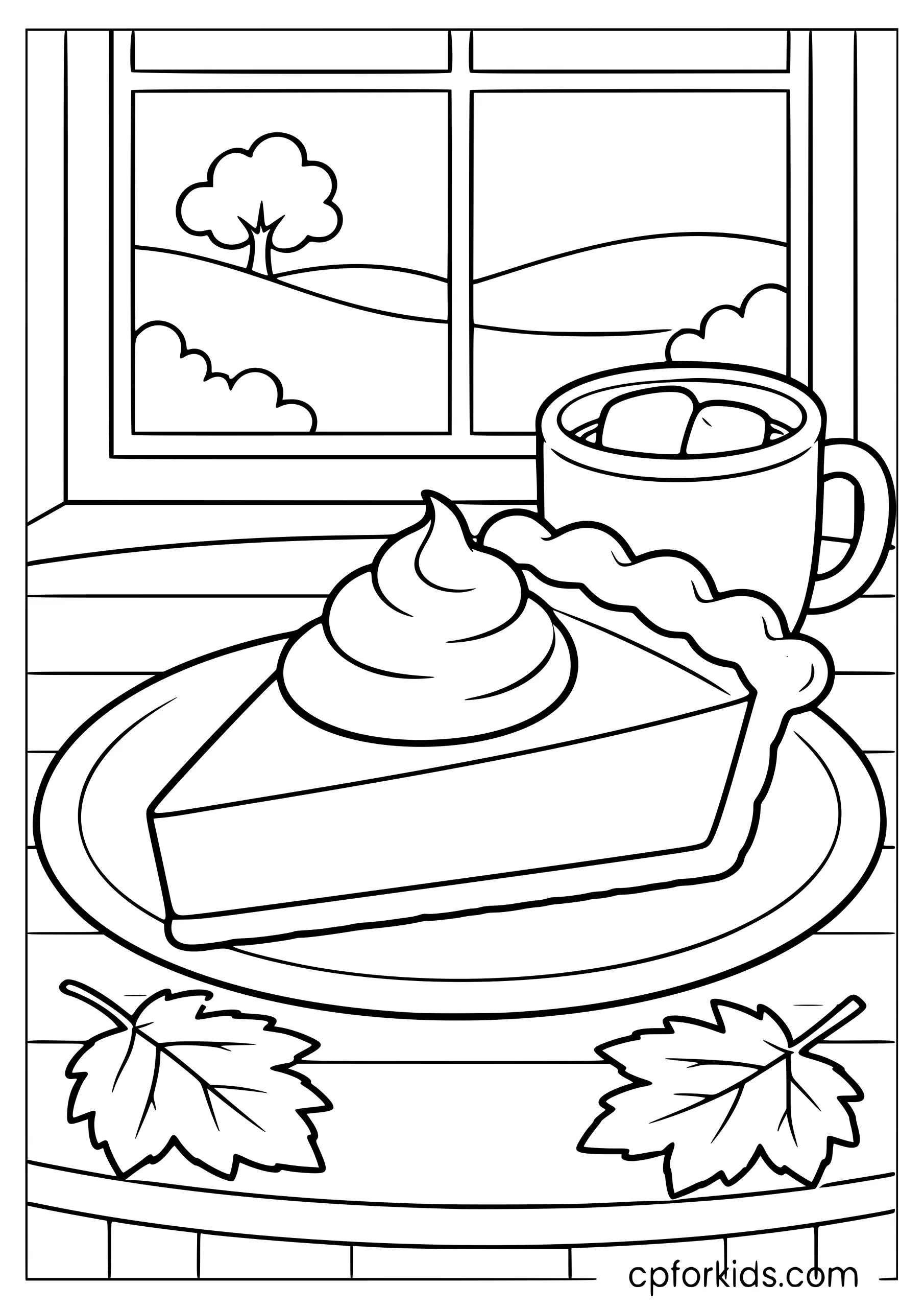 Pumpkin pie slice with cream beside cocoa and leaves