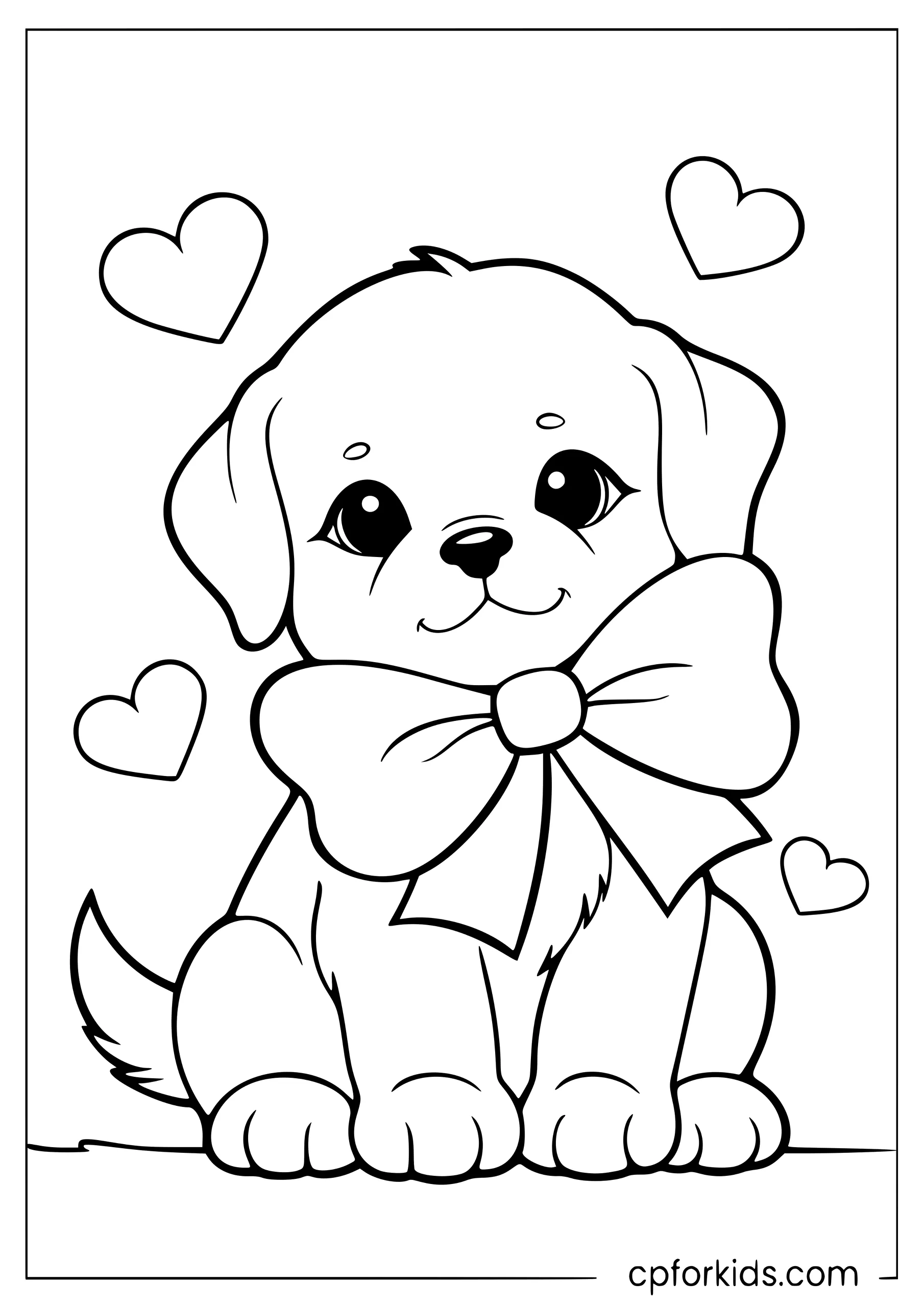 Puppy wearing a large bow surrounded by small hearts