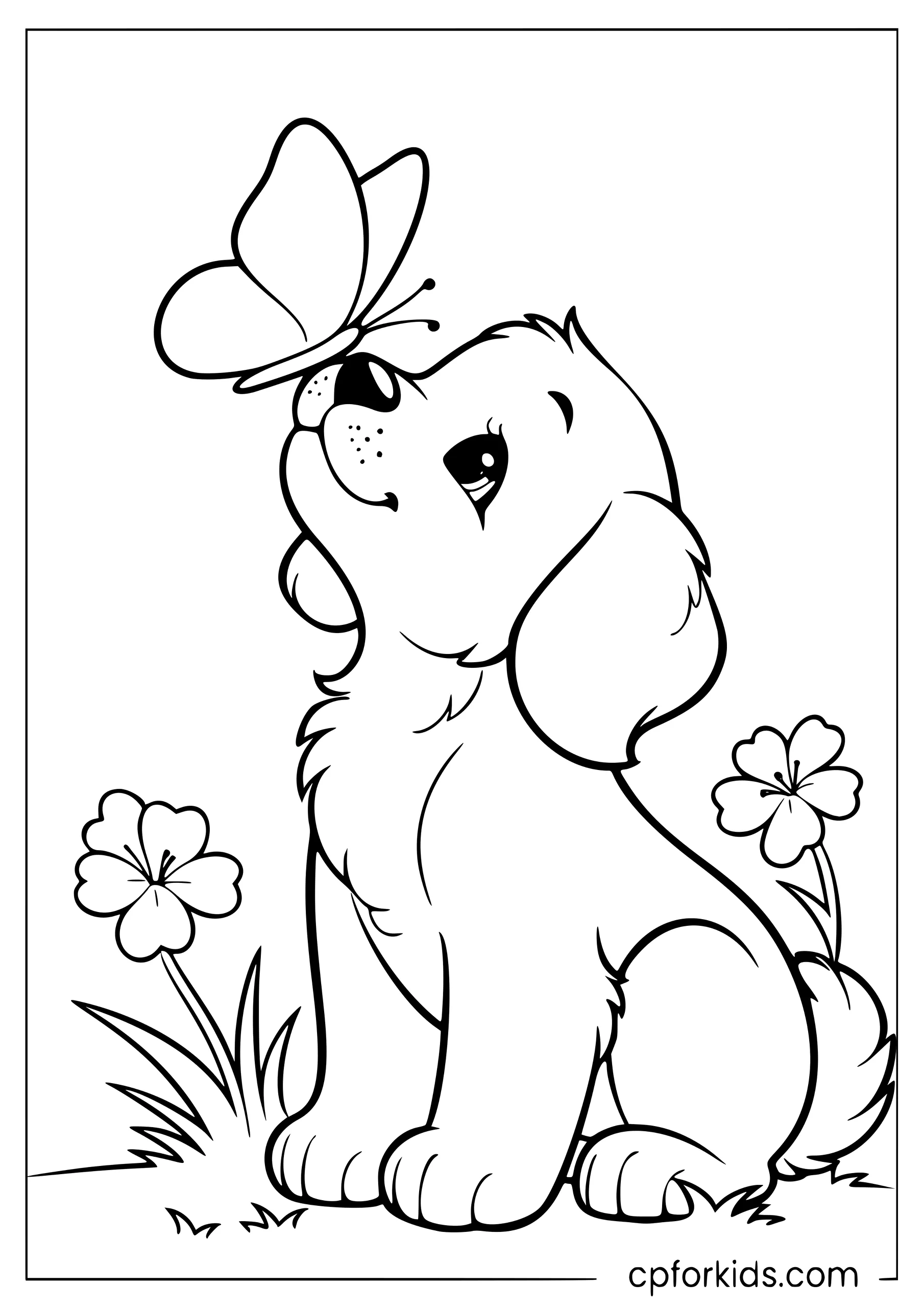 Puppy looking up at a butterfly near a patch of flowers