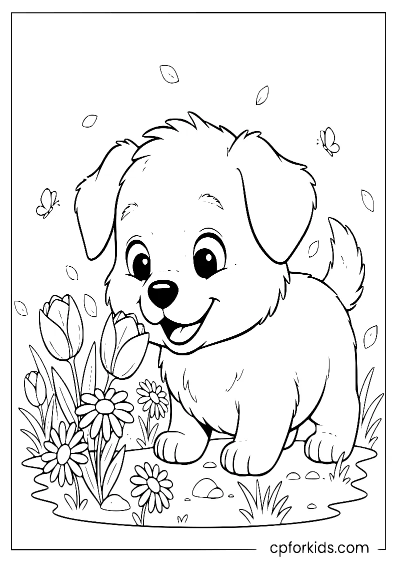 Cute puppy sniffing colorful May flowers