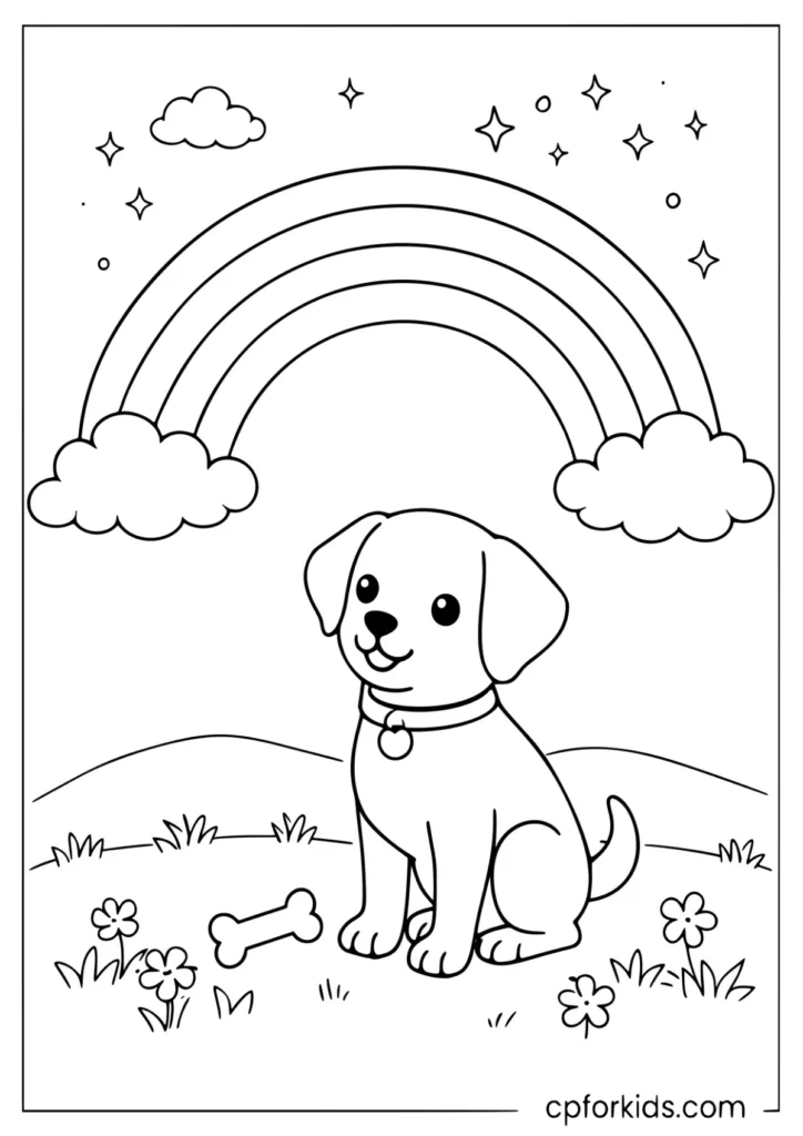 Cute puppy under rainbow coloring page
