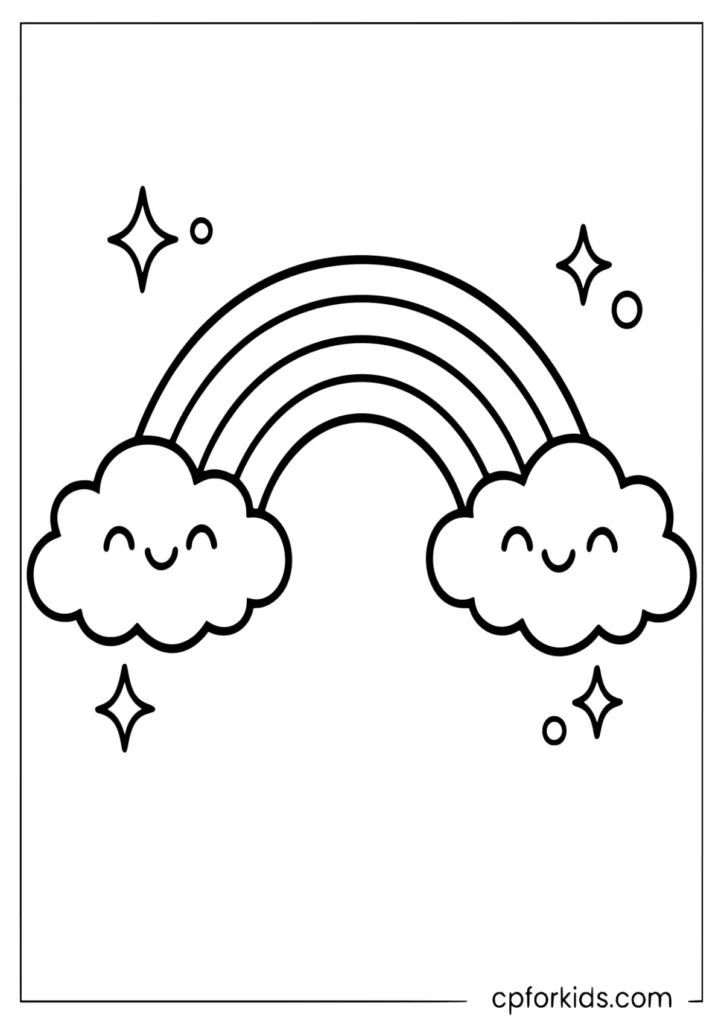 Cute rainbow drawing to color with smiling clouds